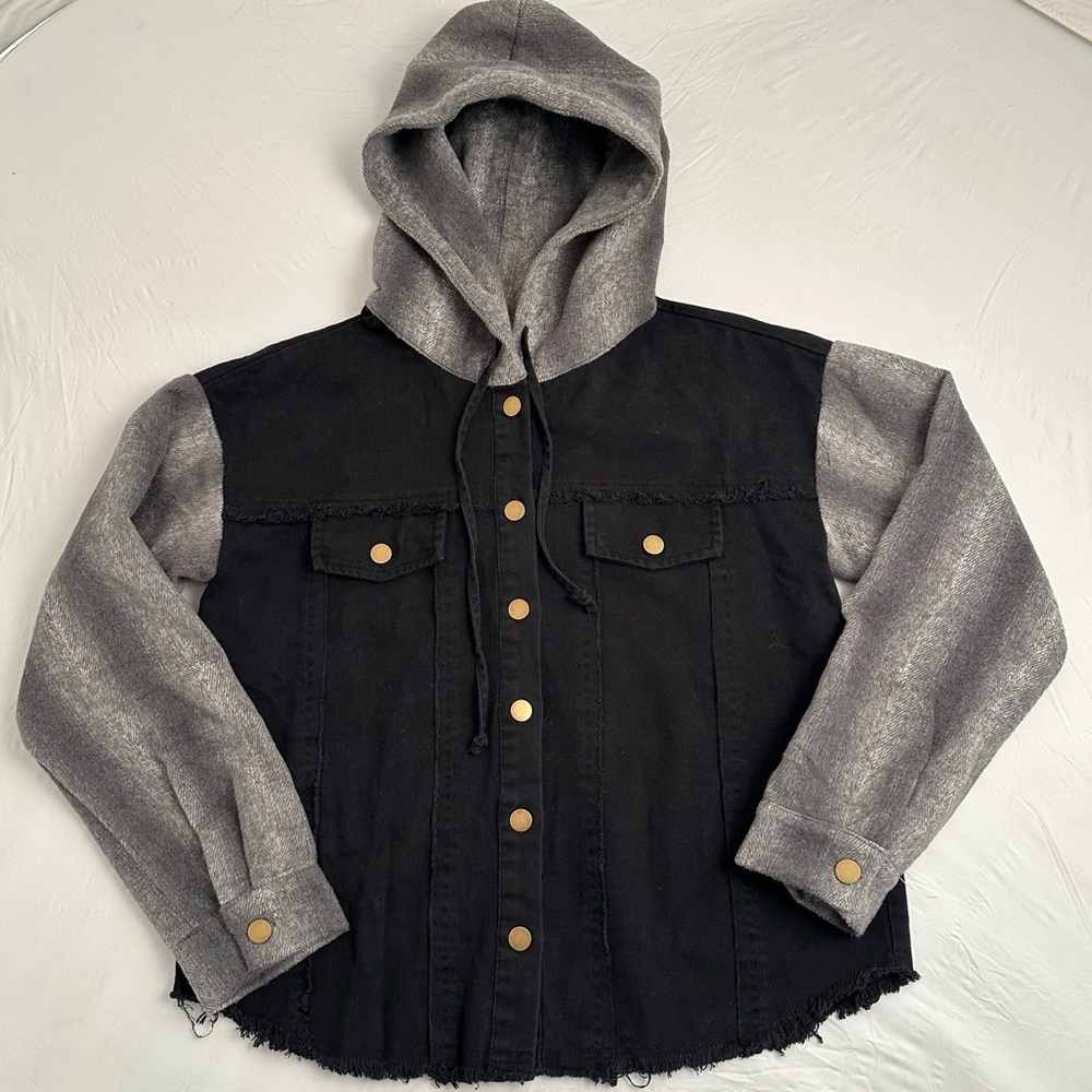 Hem and Thread black and heather gray hood and sleeve jacket
